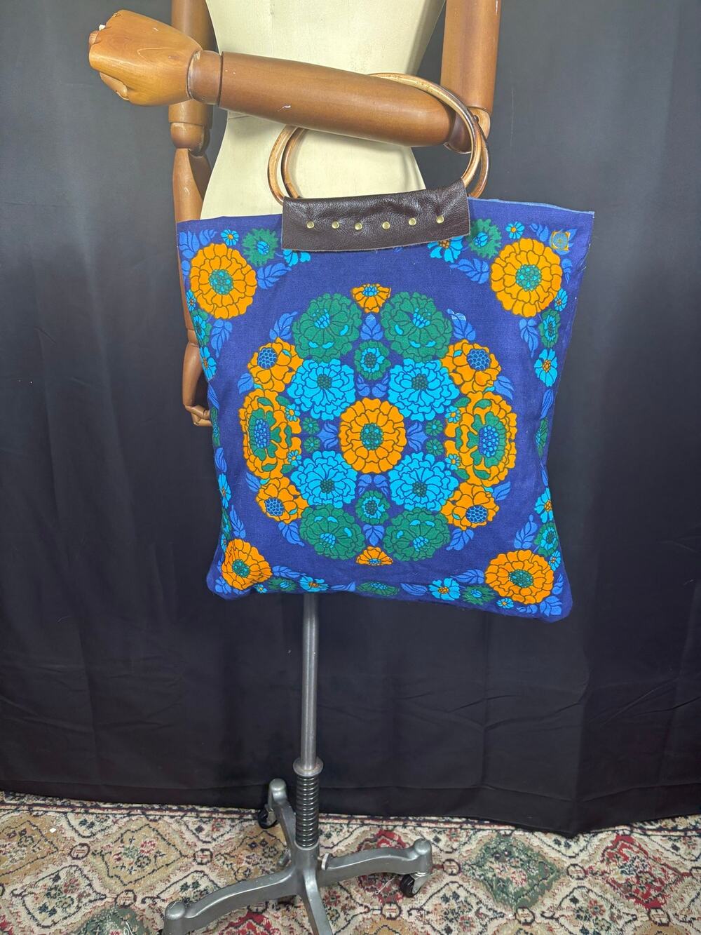 Handcrafted Tote Vintage Floral Fabric Wooden Handles Mandala Floral Pattern